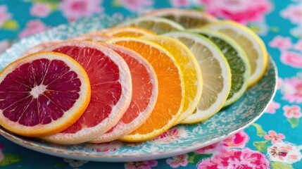 Sliced fresh citrus fruits arranged on a plate