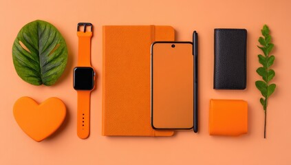 Flatlay of orange accessories on a peach background