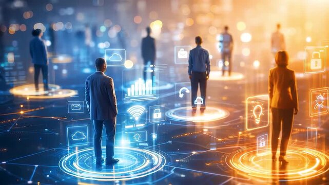 Diverse business people standing on glowing blue digital network circles in modern city environment