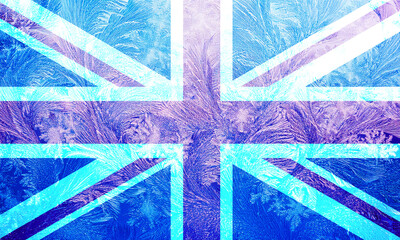 Deep freeze in the UK - Union Jack flag covered in intricate frost patterns. Conceptual image for record cold, energy security, heating challenges, and British winter resilience
