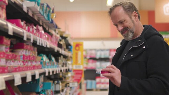 A handsome middle-aged man picks pet food in a supermarket