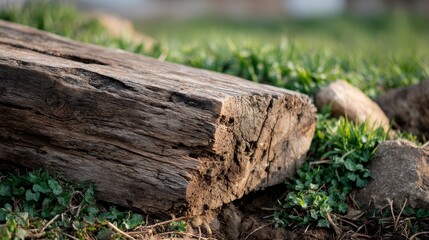 Obraz premium Closeup of a weathered cedar log with rough textured surface resting in a sunlit forest clearing, surrounded by vibrant green grass and small rocks, emphasizing natural aging and rustic charm