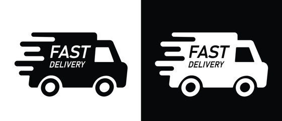 Fast delivery car logo vector icon design. Black and White Fast Delivery car icon. Delivery truck, cargo van icon symbol. Fast delivery truck for shipping. Vector illustration.