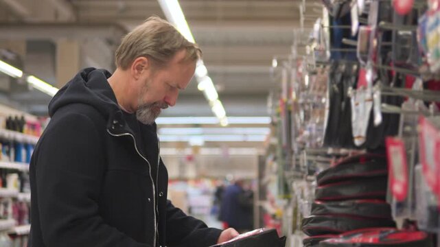 A handsome middle-aged man examines and takes a product in a car parts department in a supermarket