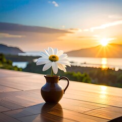 Daisy in vase with ocean sunset background serene nature landscape