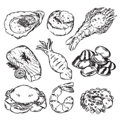 Hand drawn delicious fresh and grilled seafood outline drawing illustration