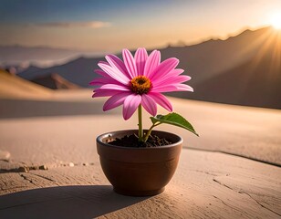 Pink daisy in pot outdoors against desert landscape and golden sunlight