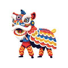 A colorful lion dance performer in a vibrant cartoon costume with dragon and cute elements on a white background.