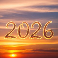 Golden Sunset Over Horizon with Glowing 2026 Numerals in a Serene Landscape.