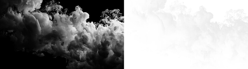 Clouds of smoke on a transparent background swirling in shades of gray and white during an unknown time of day