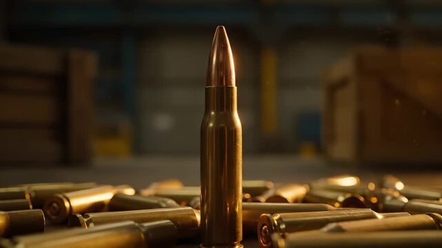 Single bullet stands upright among scattered ammunition on table. Bullet rises from shell collection spread across surface. Ammunition with standing bullet displays military cartridge arrangement.