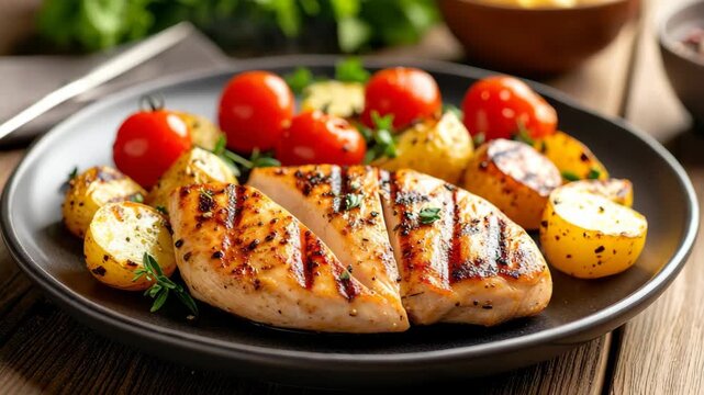 Grilled chicken breast with roasted potatoes and cherry tomatoes served on a dark plate, appetizing healthy balanced meal on wooden table