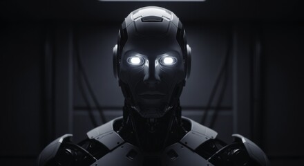 Striking Portrait of a Futuristic Humanoid Robot with Luminous Eyes in a Dimly Lit Sci-Fi Environment, Symbolizing Advanced Artificial Intelligence