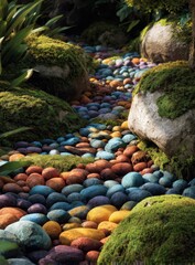 Vibrant Rainbow Pebble Path Winding Through Lush Mossy Garden Rocks.