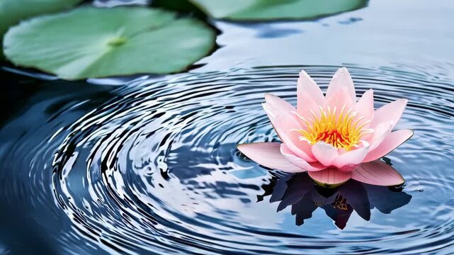 A lotus flower opens in a pond while gentle ripples circle around it in midday light