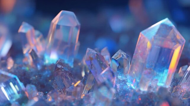 Luminous Crystals: A mesmerizing close-up showcases a cluster of shimmering, multifaceted crystals. Capturing the exquisite beauty of their intricate formations, illuminated with a soft.