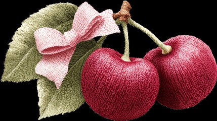 Embroidered Cherries with Flowers and Ribbon.Detailed illustration of two cherries with leaves, flowers, and a bow, designed in a realistic embroidery or yarn texture style on a white background.