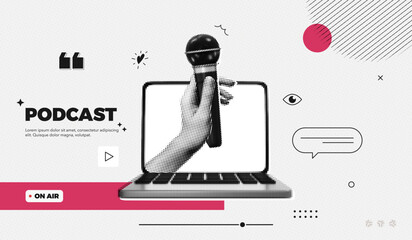 Trendy Halftone Collage Online Broadcasting concept. Computer laptop and hand holding microphone from screen. News and interview. Talking in podcast. Streaming service. Contemporary vector art