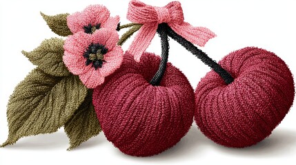 Embroidered Cherries with Flowers and Ribbon.Detailed illustration of two cherries with leaves, flowers, and a bow, designed in a realistic embroidery or yarn texture style on a white background.