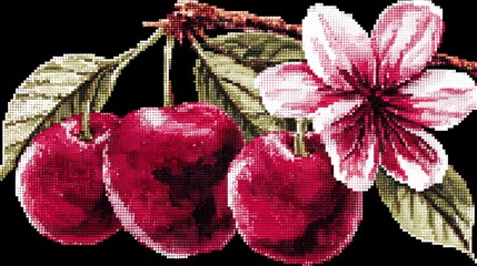 Embroidered Cherries with Flowers and Ribbon.Detailed illustration of two cherries with leaves, flowers, and a bow, designed in a realistic embroidery or yarn texture style on a white background.