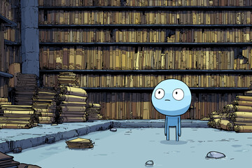 Surreal Character in an Abandoned Library Setting
