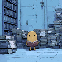 Surreal Character in an Abandoned Library Setting