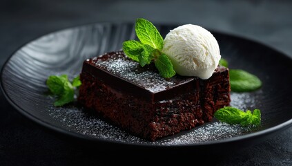 Decadent Dark Chocolate Dessert with Vanilla Ice Cream and Fresh Mint on Elegant Plate.