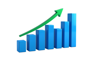 A blue bar graph with a green rising arrow, set against a black background