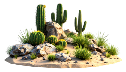 Desert scene with various cacti, rocks, and grasses on sandy ground, with a black background