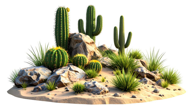 Desert scene with various cacti, rocks, and grasses on sandy ground, with a black background