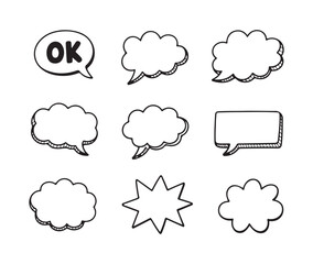 Fototapeta premium Set of nine hand drawn doodle speech bubbles for communication and chat design