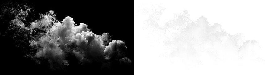 Clouds on a transparent background showing white and black variations in shape and form with no distinct borders or edges