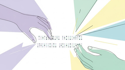 Fototapeta premium Hands touching braille text with colorful rays, symbolizing accessibility and communication with disability and inclusion and diversity and equality