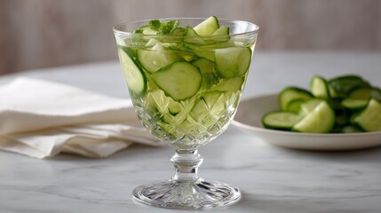 Closeup of crystal goblet filled with chilled cucumberinfused water under soft studio lighting
