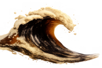 Coffee wave splashing with foam, dark liquid creating dynamic movement and energy, hot drink concept isolated