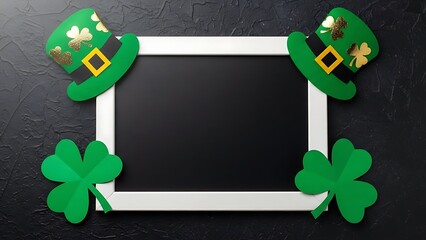 St patricks day frame with shamrocks and leprechaun hats on black background st patricks day