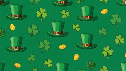 St patricks day themed pattern with green hats and shamrocks on green background st patricks day