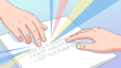 Hands reading braille book with colorful background rays, tactile reading for visually impaired, accessible education concept with learning and disability awareness
