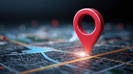 A close-up of a red location pin on a digital map, highlighting navigation and mapping technology.