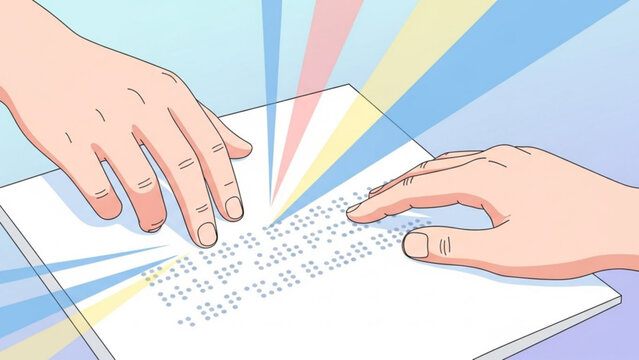 Hands reading braille book with colorful background rays, tactile reading for visually impaired, accessible education concept with learning and disability awareness - Powered by Adobe