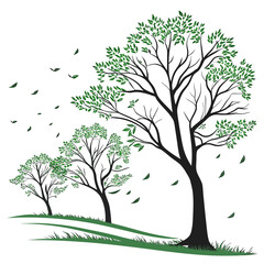 Trees with green leaves blowing in the wind on white background