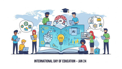 Diverse group of people using laptops and learning about ai on international day of education, symbolizing innovation and digital literacy in modern education