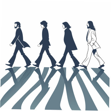 Four men in suits walking across a crosswalk with reflections