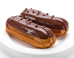 Two Chocolate Eclairs on a White Plate, Close-Up.