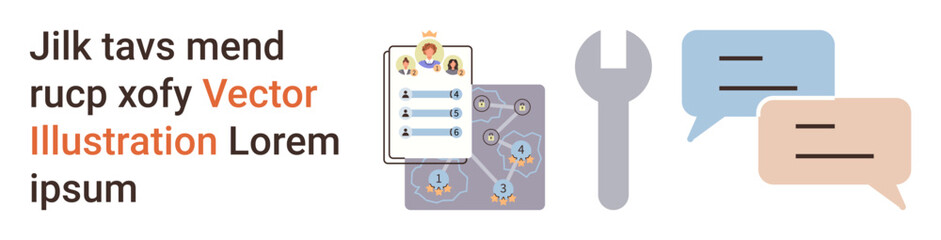 Team collaboration, project management, workflow analysis, communication, business tools, technology. Checklist, speech bubbles wrench interconnected elements. Team collaboration and workflow