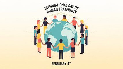 Diverse people holding hands around the globe on international day of human fraternity, february 4th, symbolizing unity and global togetherness