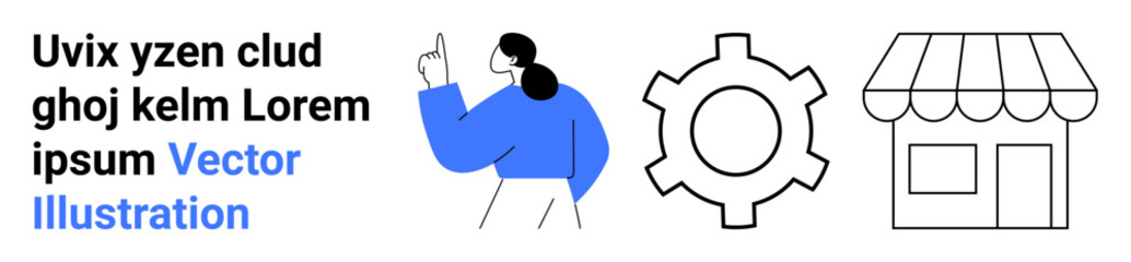Woman gesturing, gear symbol, and storefront representing ideas, teamwork, productivity, innovation, technology, retail and entrepreneurship. Ideal for modern presentations or simple landing page © robu_s