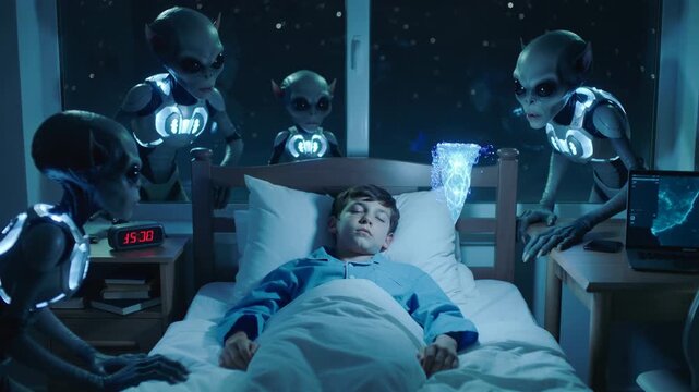 Extraterrestrial beings observing a sleeping boy in his bedroom at night with a floating glowing crystal, science fiction concept of alien encounter and mystery