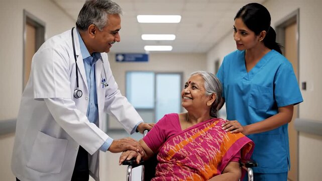 Doctor and Nurse Assist Elderly Indian Woman in Wheelchair Hospital