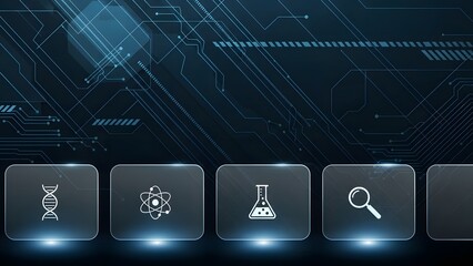 Digital Science Interface: A captivating futuristic interface composed of glowing icons represents various scientific disciplines, signifying innovation and technological advancement.